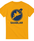 Saab 37 Viggen stridsflygplan i blå cirkel, text "SAABLAR" på gul t-shirt.