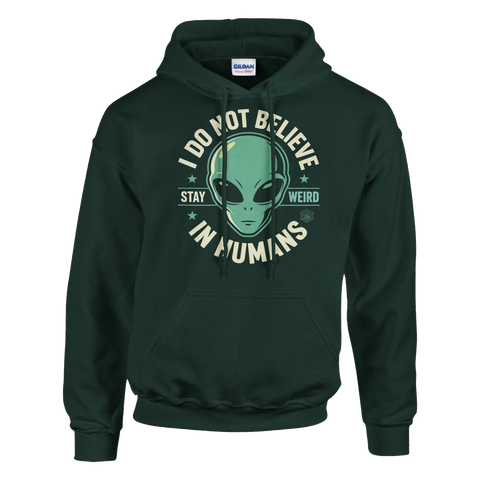 Vintageinspirerat alien-tryck med stjärnor och kaxig text på mörkgrön hoodie