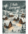 Illustration av en snöig nordisk by med små trähus och texten I Hate Everyone i vit skrivstil mot en mörk vinterhimmel.