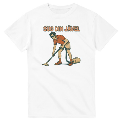 Vit t-shirt med texten Sug din jävel och tecknat motiv