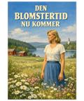 Kvinna på blomstermarken vid en sjö – retro sommarposter