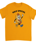 Vintage inspirerad Halv Special korv-karaktär på en orange t-shirt