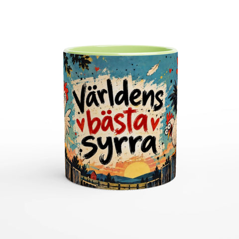 Mugg med texten Världens bästa syrra och tecknade hönor.