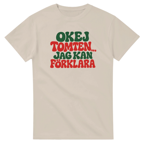 T-shirt med texten Okej tomten, jag kan förklara i rött och grönt