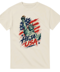 Ljusbeige t-shirt med Frihetsgudinnan, USA:s flagga och texten Heja USA