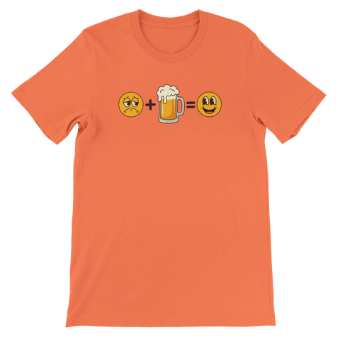 Orange t-shirt med smileys och en ölsejdel som bildar en ekvation.