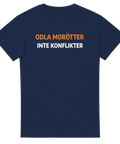 Minimalistiskt texttryck med budskapet Odla morötter inte konflikter på marinblått plagg
