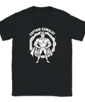 Tecknad superhjälte med cape, text "CAPTAIN CUMALOT" och droppe på svart t-shirt.