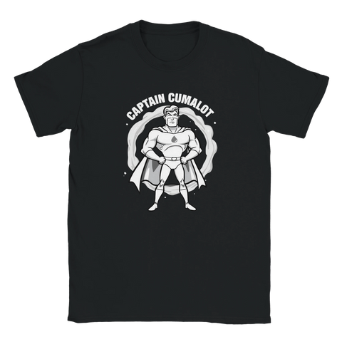 Tecknad superhjälte med cape, text "CAPTAIN CUMALOT" och droppe på svart t-shirt.