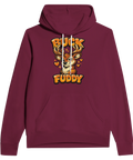 Ljusbrun hjort med glittrande hjärtan och text på vinröd hoodie.