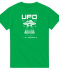 Grön t-shirt med sci-fi motiv föreställande ett UFO och dekorativa rymdsymboler