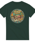 Julbord Chaos-tryck med köttbullar, skinka, korvar som slåss på mörkgrön t-shirt.
