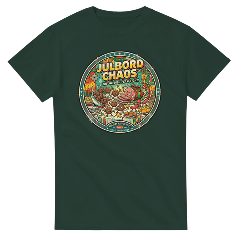 Julbord Chaos-tryck med köttbullar, skinka, korvar som slåss på mörkgrön t-shirt.