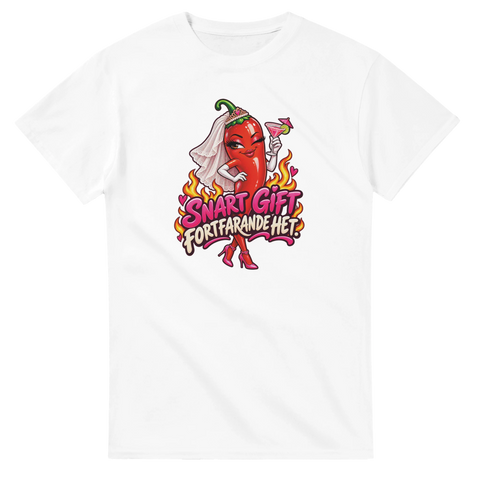 T-shirt med en chili i brudslöja och texten Snart gift, fortfarande het