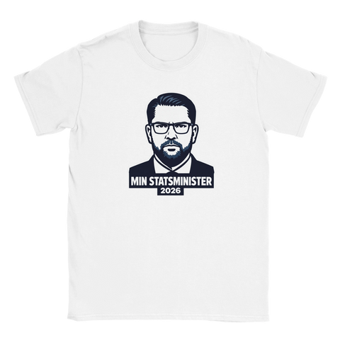 Jimmie Åkesson porträtt med texten "MIN STATSMINISTER 2026" på vit t-shirt.