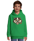 Billy Badger-motiv med arg grävling som röker cigarr på grön barnhoodie.