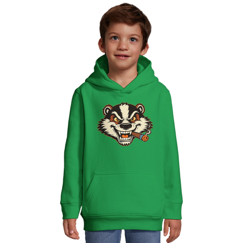 Billy Badger-motiv med arg grävling som röker cigarr på grön barnhoodie.