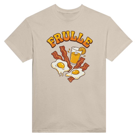Stiliserad frukost-logga med retro typsnitt och matillustration – grafisk t-shirt