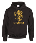 Brun hoodie med guldskimrande sköldmotiv föreställande en dödskalle med krona