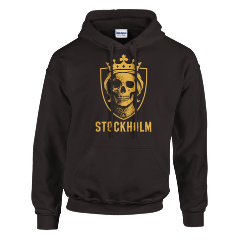 Brun hoodie med guldskimrande sköldmotiv föreställande en dödskalle med krona