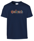 Mörkblå barn-t-shirt med lekfullt illustrerad textdesign för stolta systrar