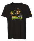 Kaxig apa med banan och hörlurar som grafiskt tryck på svart t-shirt