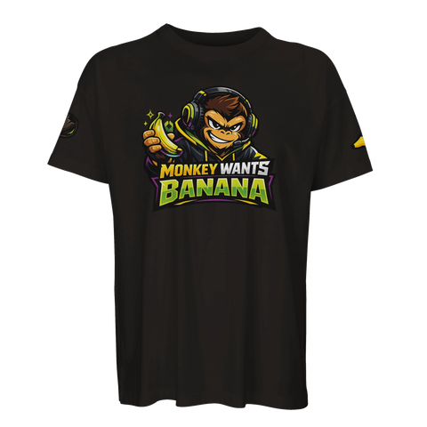 Kaxig apa med banan och hörlurar som grafiskt tryck på svart t-shirt