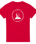 Stiliserat motiv av Vladimir Lenin med cirkulär text – röd politisk t-shirt