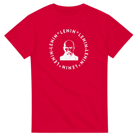 Stiliserat motiv av Vladimir Lenin med cirkulär text – röd politisk t-shirt