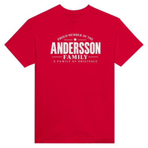 Röd t-shirt med texten Andersson – A Family of Originals