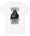 Svart humor tryck med dödskalle och text – grafisk illustration t-shirt