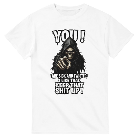 Svart humor tryck med dödskalle och text – grafisk illustration t-shirt