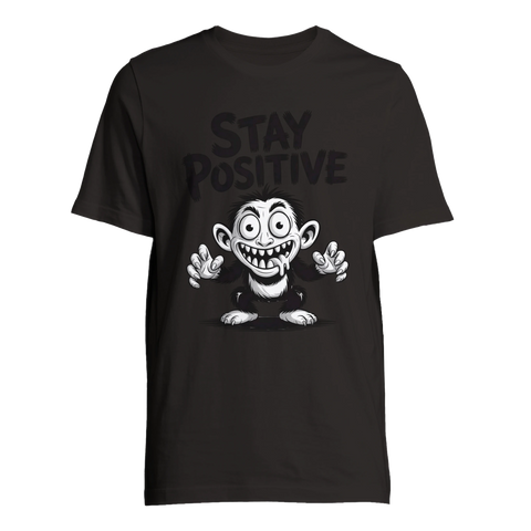 Aggressivt positiv apa med stora ögon och texten Stay Positive – svart t-shirt