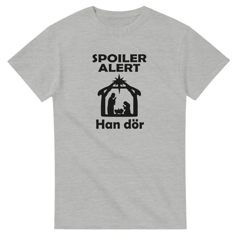 Grafiskt tryck med krubba och ironisk text om bibeln på en gråmelerad t-shirt