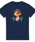 Mörkblå t-shirt med lekfull grafisk design föreställande Jesús med en taco