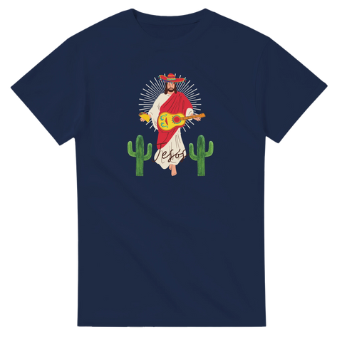 Mörkblå t-shirt med lekfull grafisk design föreställande Jesús med en taco