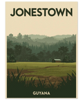 Illustration av Jonestown med texten Guyana, föreställande ett grönt fält, en liten byggnad och tät djungel i bakgrunden.