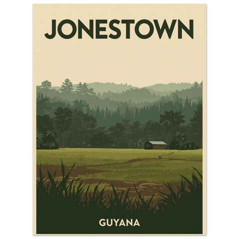 Illustration av Jonestown med texten Guyana, föreställande ett grönt fält, en liten byggnad och tät djungel i bakgrunden.