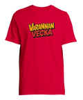 Humoristisk t-shirt med texten Varannan Vecka i rött och gult