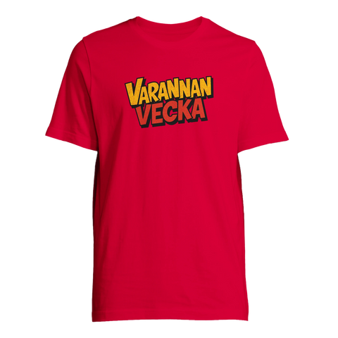 Humoristisk t-shirt med texten Varannan Vecka i rött och gult