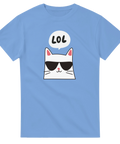 Tecknad vit katt med solglasögon och "LOL" i pratbubbla på ljusblå t-shirt.