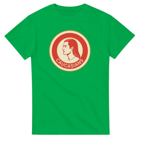 Retro "Caucasians" logga med profilbild av man på grön t-shirt.