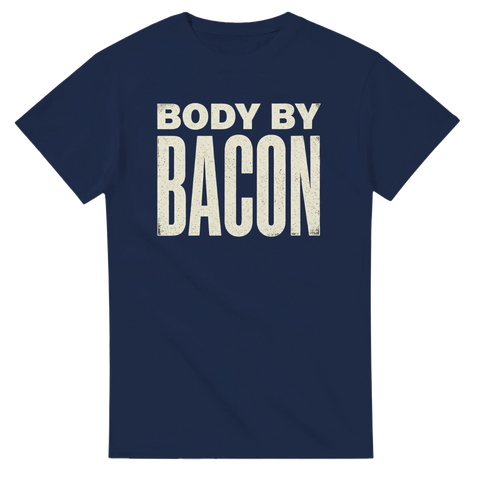 Marinblå t-shirt med stort centrerat Body by Bacon motiv