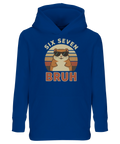 Humoristisk t-shirt-design med texten Bruh på en marinblå huvtröja