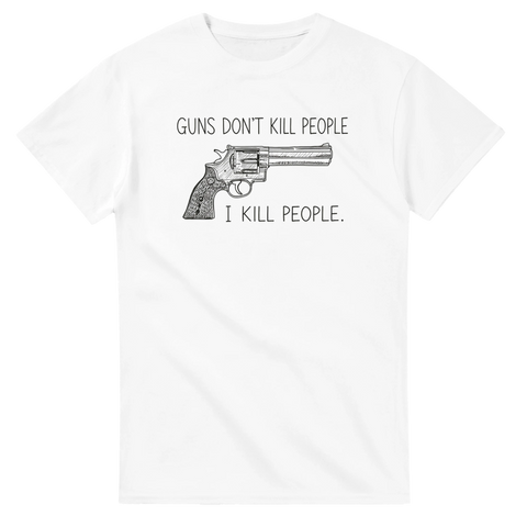 Grafisk illustration av en revolver med citat – t-shirt med mörk humor