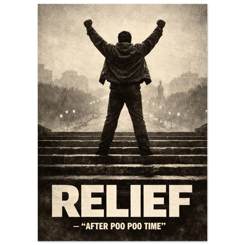 Humoristisk väggtavla med filmisk känsla i dova toner som passar perfekt som dekoration på en toalett eller i ett badrum.