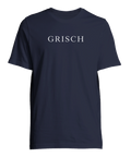 Minimalistiskt Grisch-tryck i vit serif-typografi på marinblå t-shirt