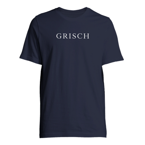 Minimalistiskt Grisch-tryck i vit serif-typografi på marinblå t-shirt