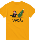 Humoristiskt julmotiv med en katt i tomteluva och texten Vadå – grafisk t-shirt