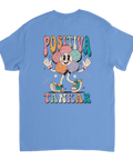 Nostalgiskt ryggtryck med leende blomma och text på blå t-shirt